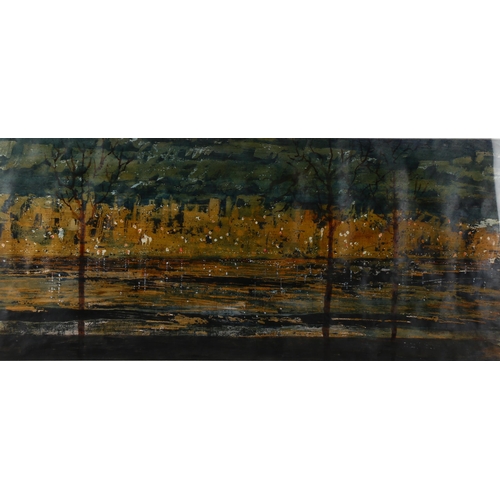 2112 - Mid-20th century watercolour, abstract landscape, unsigned, 32cm x 72cm, framed