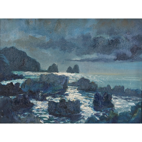 2120 - Lamorna Birch (1869-1955), oil on canvas, Sunlight on Rocky Coast, signed, 17cm x 23cm, framed and g... 