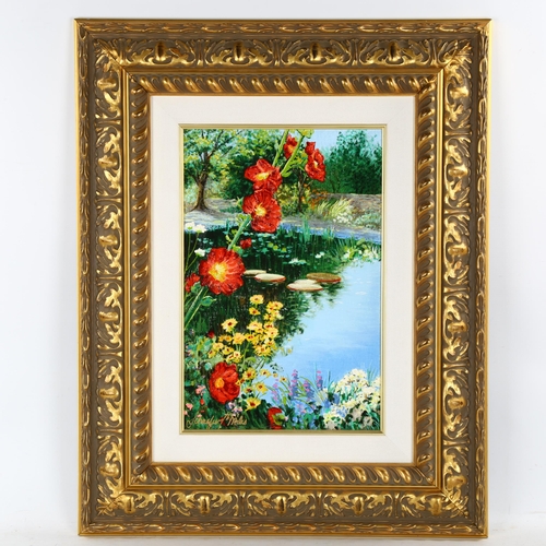 2133 - Wendy Schaefer Miles, contemporary oil on canvas, lily pond, artist information verso, in ornate fra... 