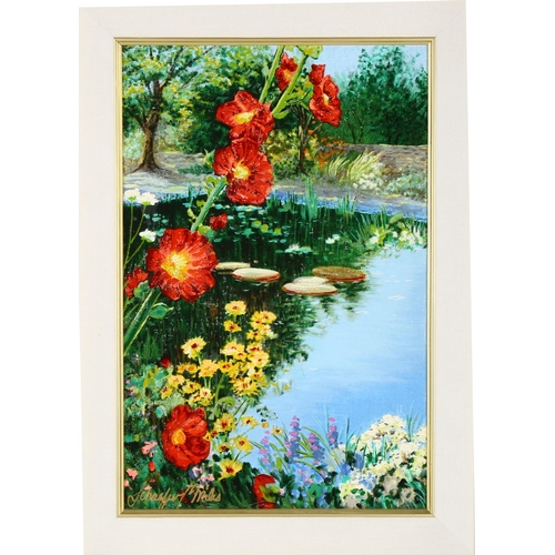 2133 - Wendy Schaefer Miles, contemporary oil on canvas, lily pond, artist information verso, in ornate fra... 