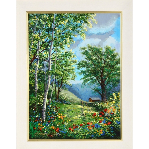 2134 - Wendy Schaefer Miles, contemporary oil on canvas, mountain chalet, artist information verso, in orna... 