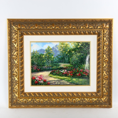 2135 - Wendy Schaefer Miles, contemporary oil on canvas, garden scene, artist information verso, in ornate ... 