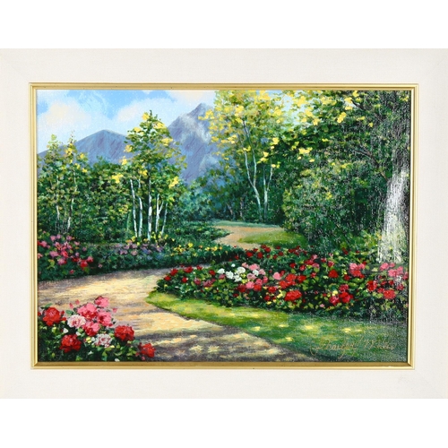 2135 - Wendy Schaefer Miles, contemporary oil on canvas, garden scene, artist information verso, in ornate ... 