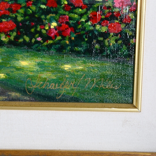 2135 - Wendy Schaefer Miles, contemporary oil on canvas, garden scene, artist information verso, in ornate ... 