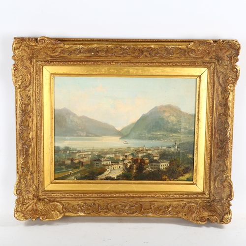 2146 - 19th century oil on canvas, Swiss lake scene, unsigned, 23cm x 29cm, framed