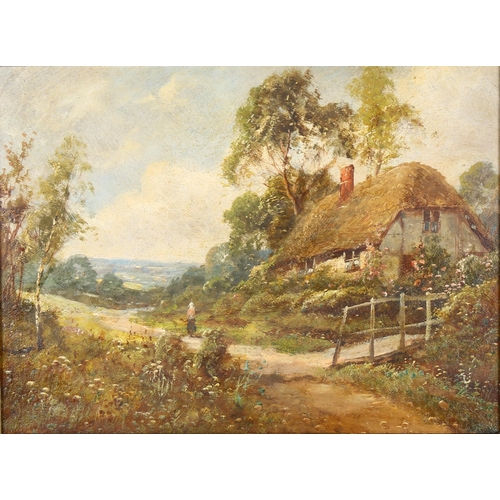 2147 - 19th/20th century oil on board, cottage in a landscape, unsigned, 26cm x 36cm, framed