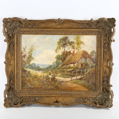 2147 - 19th/20th century oil on board, cottage in a landscape, unsigned, 26cm x 36cm, framed