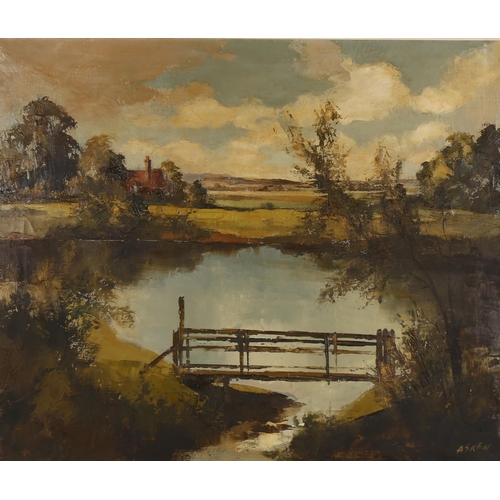 2148 - V Askew ROI, oil on canvas, pond in Hertford, signed, 20