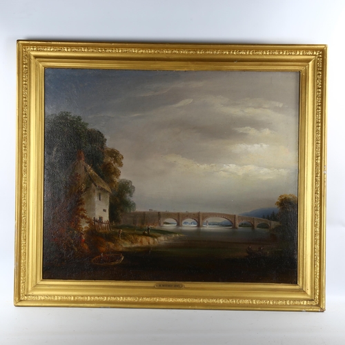 2156 - H Withey, oil on canvas, stone bridge over a river, signed and dated 1845, 64cm x 77cm, framed