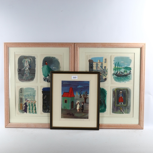 2161 - Raymond Peynet, 8 colour lithographs, various illustrations circa 1940s, mounted in 3 frames