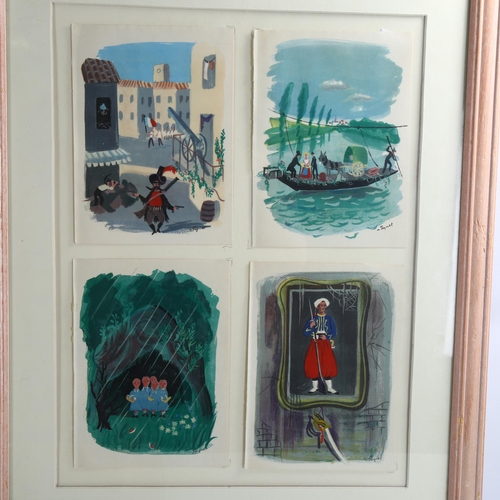 2161 - Raymond Peynet, 8 colour lithographs, various illustrations circa 1940s, mounted in 3 frames