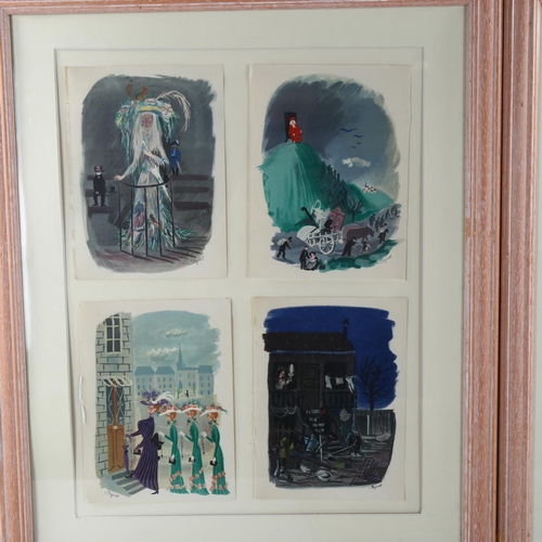 2161 - Raymond Peynet, 8 colour lithographs, various illustrations circa 1940s, mounted in 3 frames