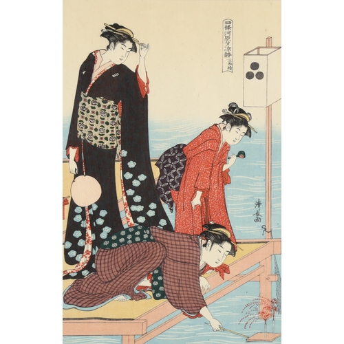 2181 - Toru Kiyonaga, woodblock print, ladies beside a river, signed, image 38cm x 24cm, framed