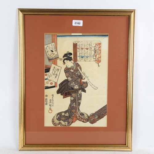 2182 - Utagawa Toyokuni, Japanese woodblock print, musician, signed, image 36cm x 24cm, framed and another.