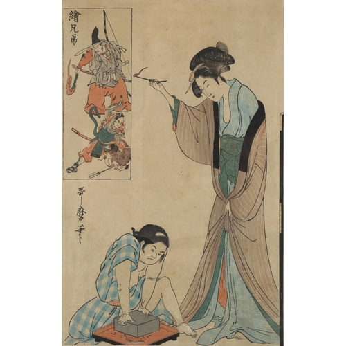 2183 - Kitagawa Utamaro, Japanese woodblock print, rat catcher, signed, image 38cm x 24cm, framed