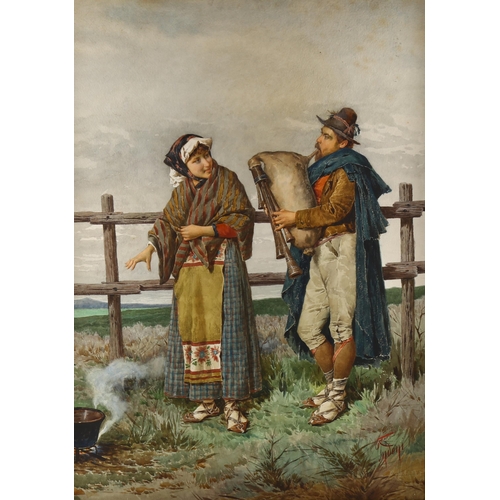 2192 - Philippo Indoni, watercolour, Italian travelling musician and woman, signed, 75cm x 53cm, framed