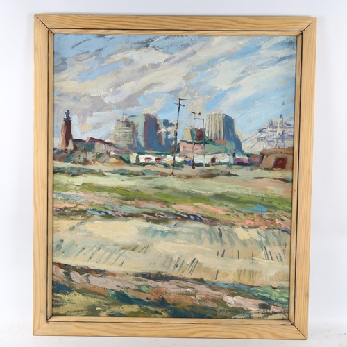 2193 - Alan Rankle, oil on canvas, scene at Dungeness, 1990, 70cm x 60cm, framed