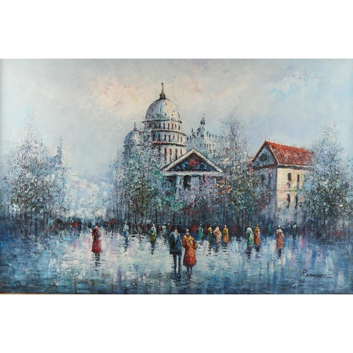 2194 - P Sanchez, contemporary oil on canvas, Parisian street scene, signed, 60cm x 90cm, framed