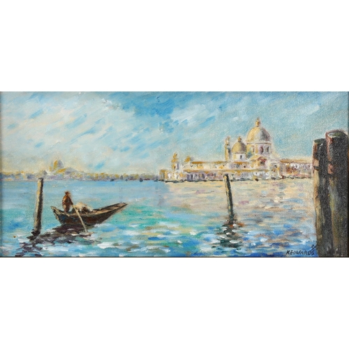 2196 - K Edwards, oil on canvas board, Venice Lagoon scene, signed 19cm x 39cm, framed