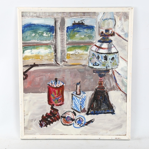 2198 - Contemporary acrylic on board, window still life, unsigned, 40cm x 34cm, framed