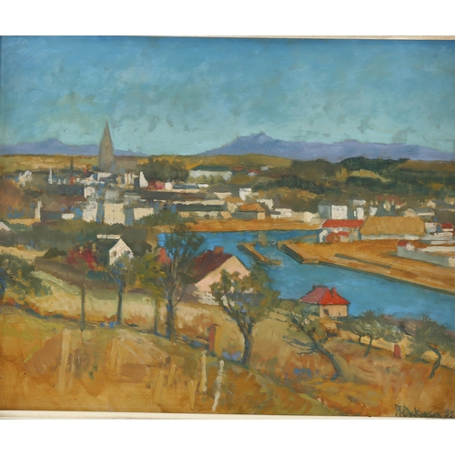 2203 - P H Dickinson, mid-20th century oil on board, European harbour scene, 46cm x 56cm, framed