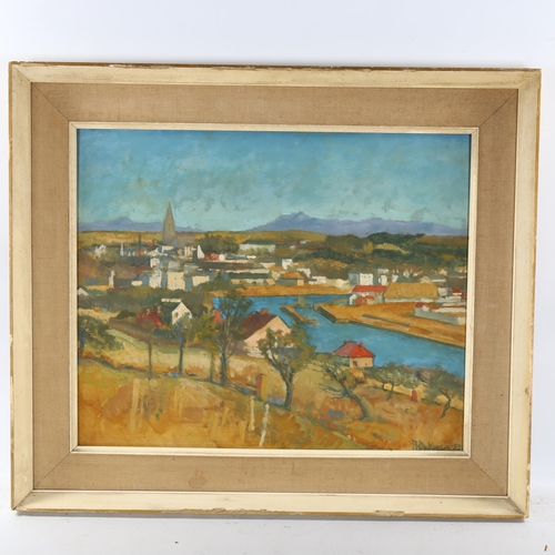 2203 - P H Dickinson, mid-20th century oil on board, European harbour scene, 46cm x 56cm, framed