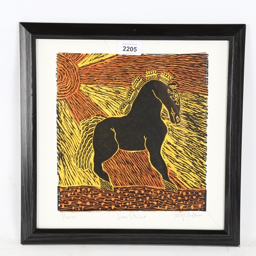 2205 - Troy Ohlson, lino-cut print, sunshine, signed in pencil, image 25cm x 23cm, framed