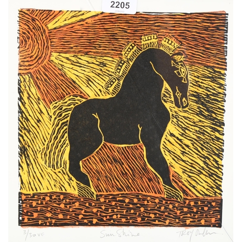 2205 - Troy Ohlson, lino-cut print, sunshine, signed in pencil, image 25cm x 23cm, framed