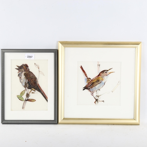 2207 - Carolyn Hong, 2 oils on opaque glass, birds studies, largest 18cm x 18cm, framed, Canada Studio deta... 