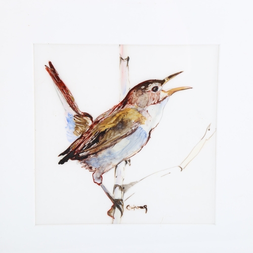 2207 - Carolyn Hong, 2 oils on opaque glass, birds studies, largest 18cm x 18cm, framed, Canada Studio deta... 