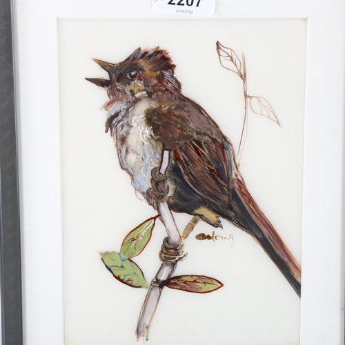 2207 - Carolyn Hong, 2 oils on opaque glass, birds studies, largest 18cm x 18cm, framed, Canada Studio deta... 