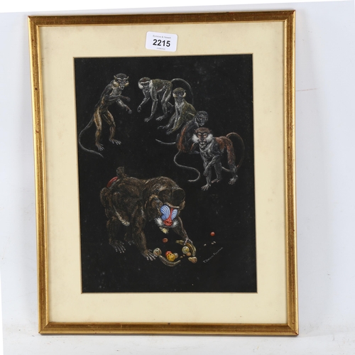 2215 - T Gregory Pearman, coloured pastels, monkeys and fruit, signed, 30cm x 22cm, framed