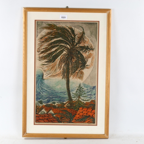 2223 - Richard Calver, colour lino-cut print, Bondi Palm, signed in pencil, no. 3/25, image 54cm x 32cm, fr... 