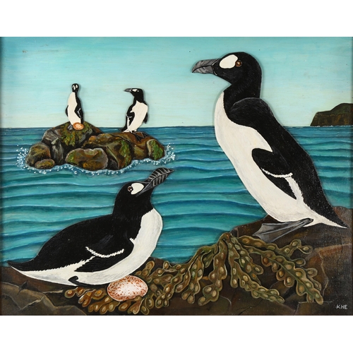 2232 - Contemporary mixed media 3-D paint/wood composition, nesting penguins, signed with monogram KHE, 39c... 