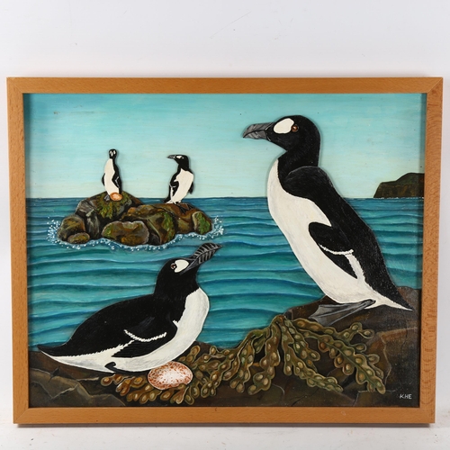 2232 - Contemporary mixed media 3-D paint/wood composition, nesting penguins, signed with monogram KHE, 39c... 