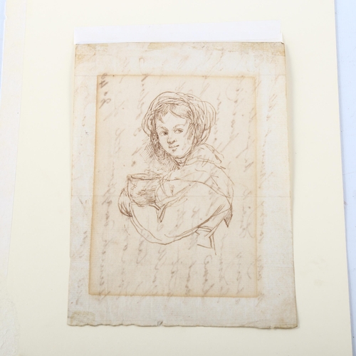 2252 - William Mulready RA (Irish, 1786 - 1863), sepia ink drawing, girl holding a pot, with handwritten le... 