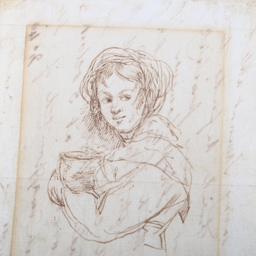 2252 - William Mulready RA (Irish, 1786 - 1863), sepia ink drawing, girl holding a pot, with handwritten le... 