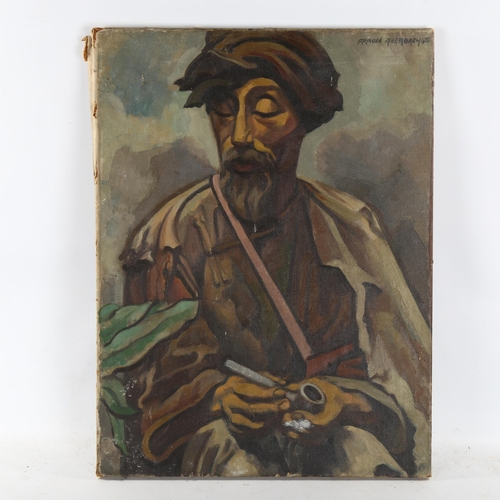 2259 - Arnold Auerbach, oil on canvas, man with pipe, signed, 61cm x 46cm, unframed