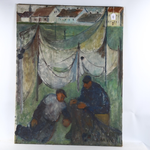 2261 - Mid-20th century Scottish School, oil on canvas, fishermen mending their nets, indistinctly signed, ... 