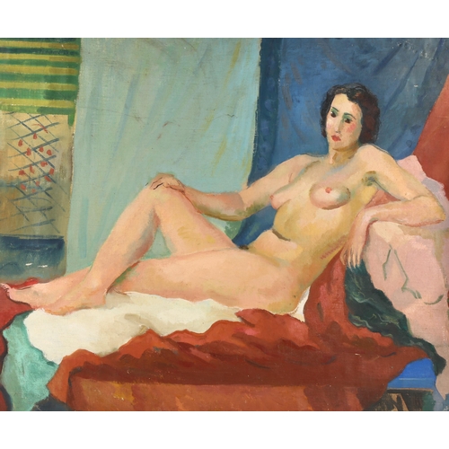 2262 - Bloomsbury School, mid-20th century oil on canvas laid on board, reclining nude, unsigned, 63cm x 76... 