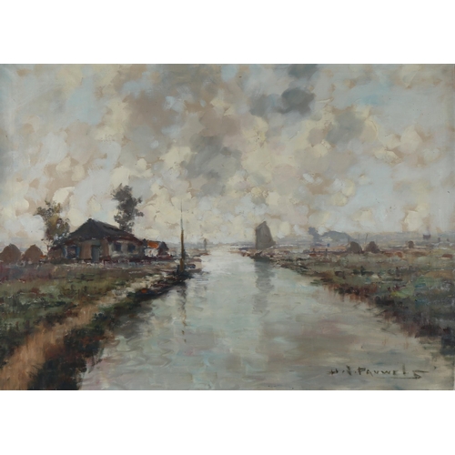 2276 - H Pauwels (Belgian artist), oil on canvas, impressionist canal scene, signed, 64cm x 89cm, framed