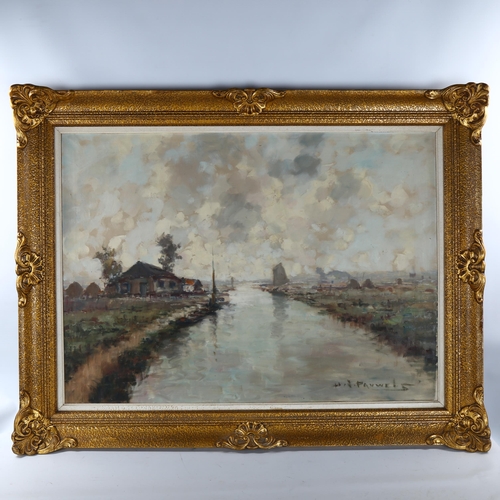 2276 - H Pauwels (Belgian artist), oil on canvas, impressionist canal scene, signed, 64cm x 89cm, framed