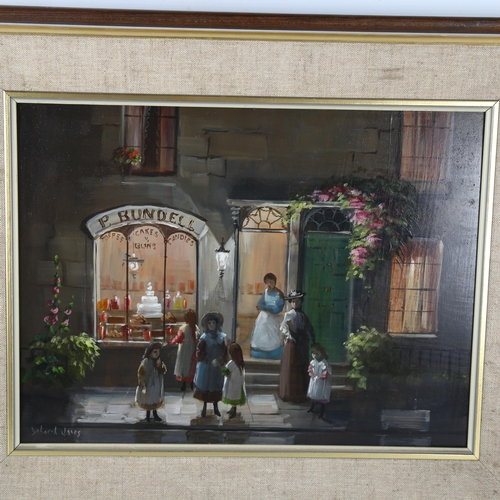 2286 - Deborah Jones, pair of oils on board, shop fronts, signed, 30cm x 40cm, framed