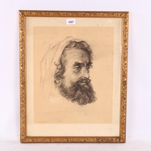 2287 - Charcoal on paper, head portrait of a man, unsigned, 40cm x 33cm, framed