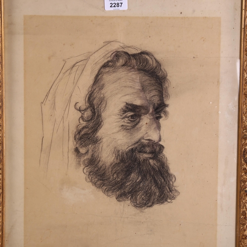 2287 - Charcoal on paper, head portrait of a man, unsigned, 40cm x 33cm, framed