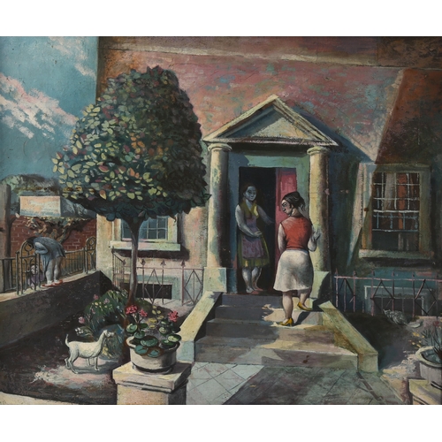 2289 - Mid-20th century oil on canvas, women at the the doorstep, unsigned, 50cm x 60cm, framed