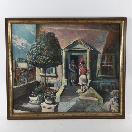 2289 - Mid-20th century oil on canvas, women at the the doorstep, unsigned, 50cm x 60cm, framed