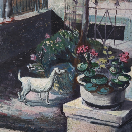 2289 - Mid-20th century oil on canvas, women at the the doorstep, unsigned, 50cm x 60cm, framed