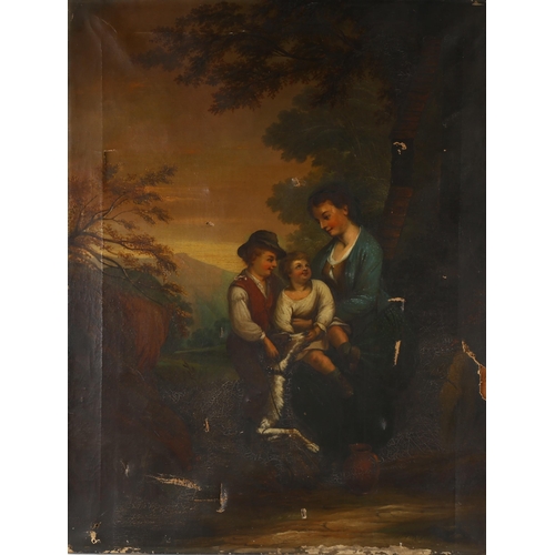 2290 - 19th century oil on canvas, woman and children with a dog, unsigned, 92cm x 71cm, unframed (A/F)