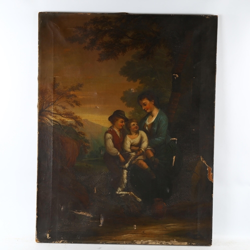 2290 - 19th century oil on canvas, woman and children with a dog, unsigned, 92cm x 71cm, unframed (A/F)